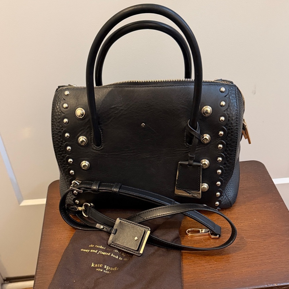 Kate Spade Black leather Satchel with Silver Studs shoulder strap and dust bag.
